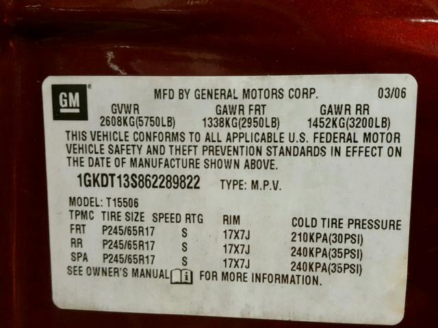 1GKDT13S862289822 - 2006 GMC ENVOY RED photo 10