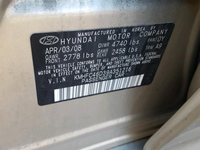 KMHFC46D39A351216 - 2009 HYUNDAI AZERA GLS GOLD photo 10