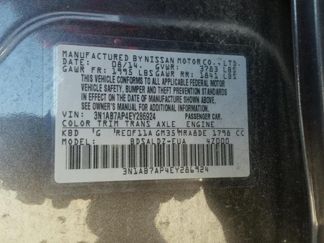 3N1AB7AP4EY286924 - 2014 NISSAN SENTRA S GRAY photo 10