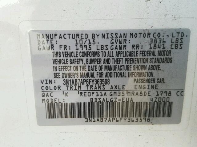 3N1AB7AP6FY363598 - 2015 NISSAN SENTRA S WHITE photo 10