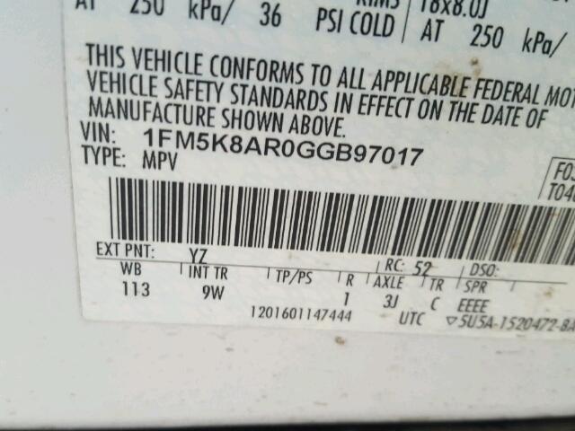 1FM5K8AR0GGB97017 - 2016 FORD EXPLORER P თეთრი ფოტო 10