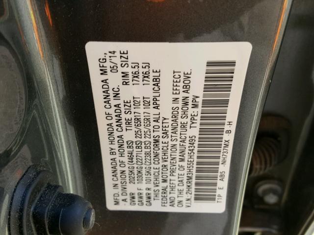 2HKRM3H55EH543495 - 2014 HONDA CR-V EX GRAY photo 10