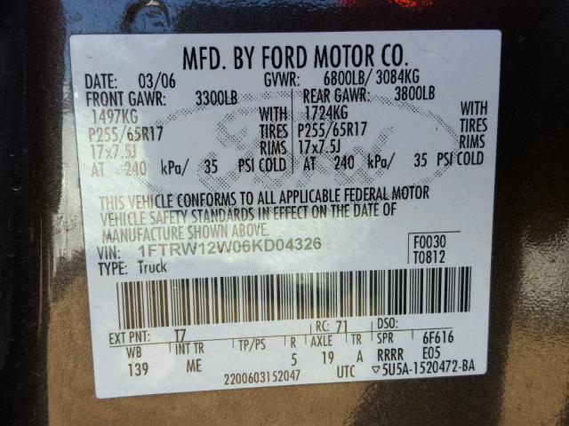 1FTRW12W06KD04326 - 2006 FORD F150 SUPER CHARCOAL photo 10