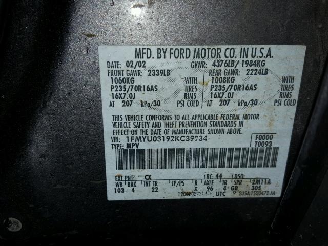 1FMYU03192KC39934 - 2002 FORD ESCAPE XLT GRAY photo 10