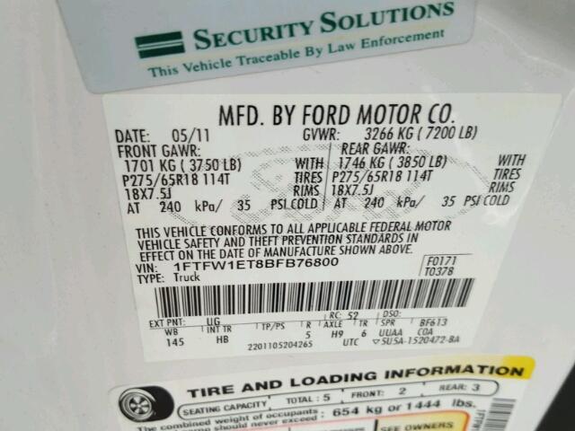 1FTFW1ET8BFB76800 - 2011 FORD F150 SUPER WHITE photo 10