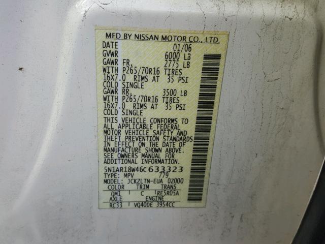 5N1AR18W46C633323 - 2006 NISSAN PATHFINDER WHITE photo 10