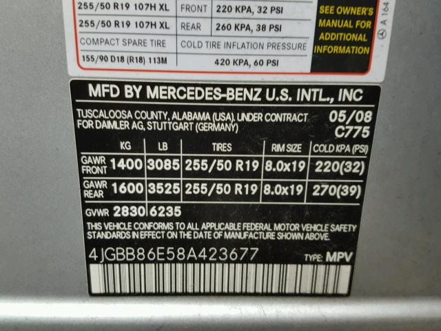 4JGBB86E58A423677 - 2008 MERCEDES-BENZ ML 350 SILVER photo 10