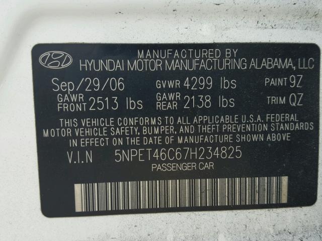 5NPET46C67H234825 - 2007 HYUNDAI SONATA GLS WHITE photo 10