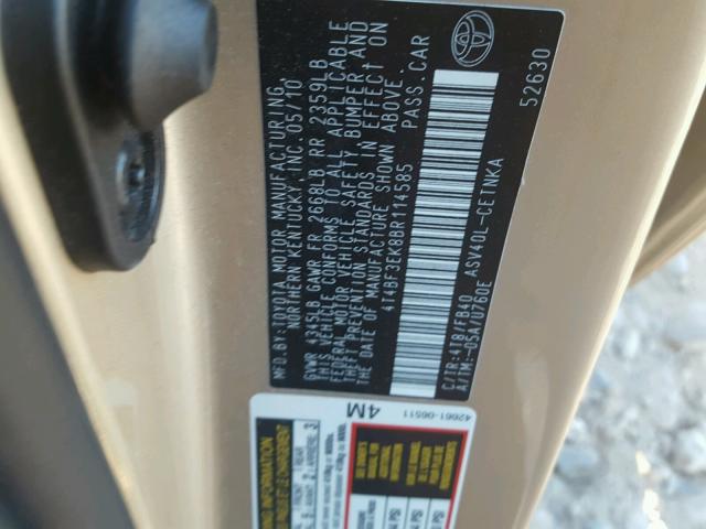 4T4BF3EK8BR114585 - 2011 TOYOTA CAMRY BASE BEIGE photo 10