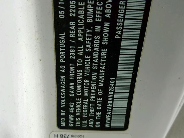 WVWFA7AH8AV025401 - 2010 VOLKSWAGEN EOS LUX 白色 照片 10