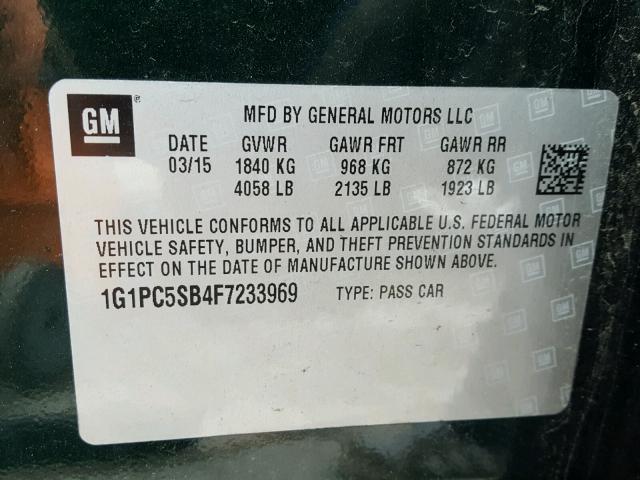 1G1PC5SB4F7233969 - 2015 CHEVROLET CRUZE LT GREEN photo 10