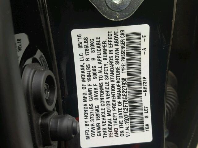 19XFC2F76GE227938 - 2016 HONDA CIVIC EX BLACK photo 10