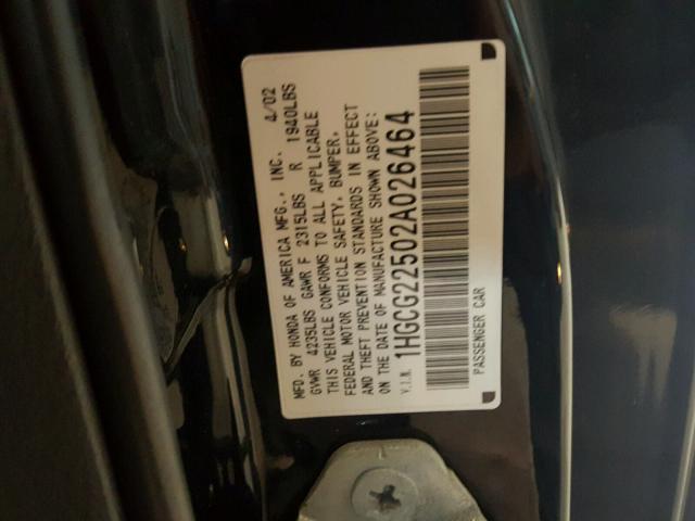 1HGCG22502A026464 - 2002 HONDA ACCORD EX BLACK photo 10