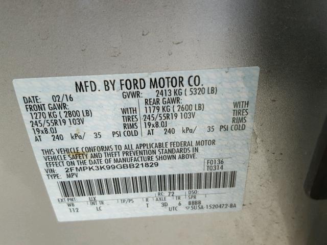 2FMPK3K99GBB21829 - 2016 FORD EDGE TITAN SILVER photo 10