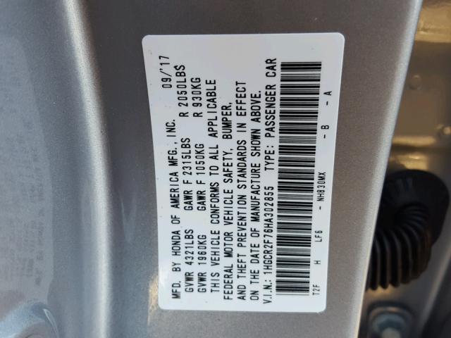 1HGCR2F76HA302855 - 2017 HONDA ACCORD EX SILVER photo 10