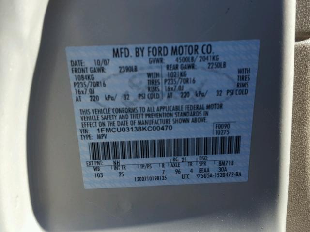 1FMCU03138KC00470 - 2008 FORD ESCAPE XLT WHITE photo 10