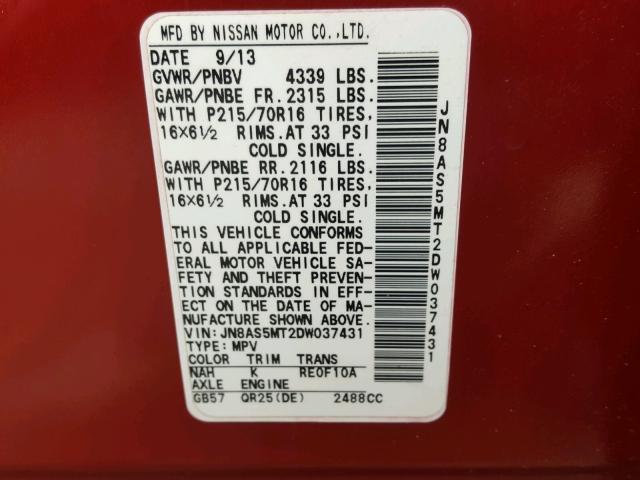 JN8AS5MT2DW037431 - 2013 NISSAN ROGUE S RED photo 10