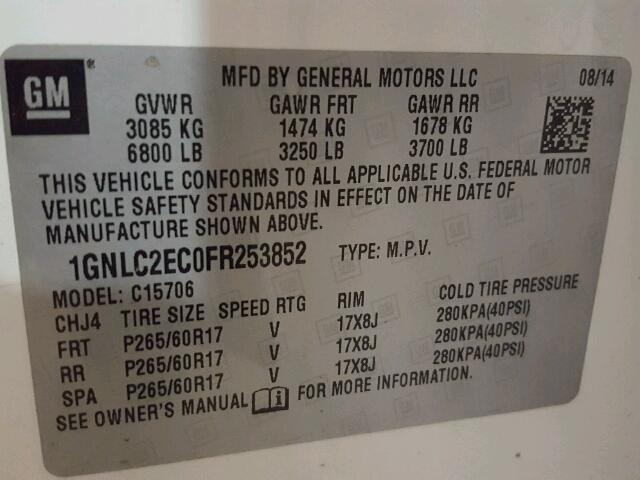 1GNLC2EC0FR253852 - 2015 CHEVROLET TAHOE POLI WHITE photo 10