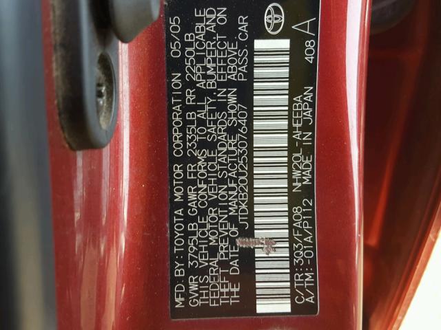 JTDKB20U253076407 - 2005 TOYOTA PRIUS RED photo 10