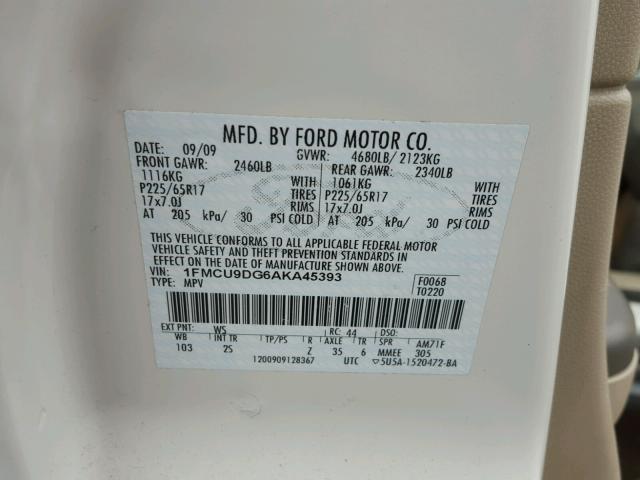 1FMCU9DG6AKA45393 - 2010 FORD ESCAPE XLT WHITE photo 10