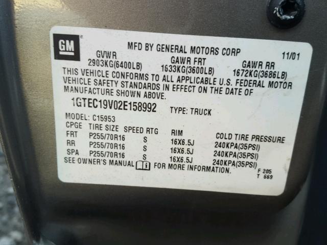 1GTEC19V02E158992 - 2002 GMC NEW SIERRA TAN photo 10