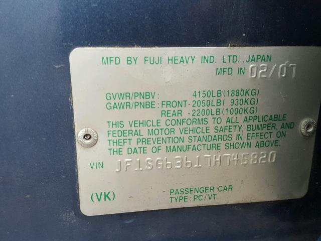 JF1SG63617H745820 - 2007 SUBARU FORESTER 2 BLUE photo 10