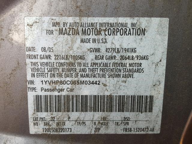 1YVHP80C065M03442 - 2006 MAZDA 6 I SILVER photo 10