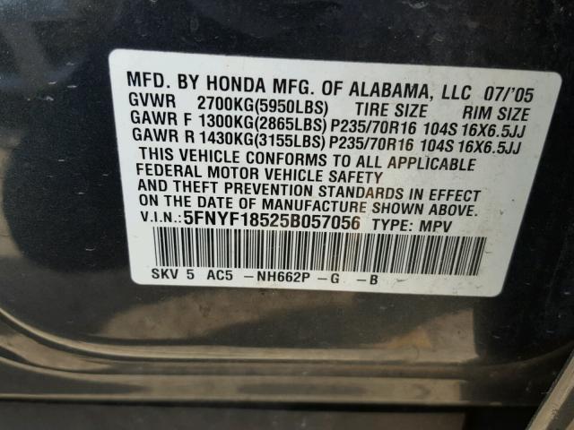 5FNYF18525B057056 - 2005 HONDA PILOT EXL WHITE photo 10