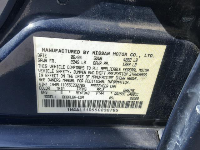 1N4AL11D55C232785 - 2005 NISSAN ALTIMA S BLUE photo 10