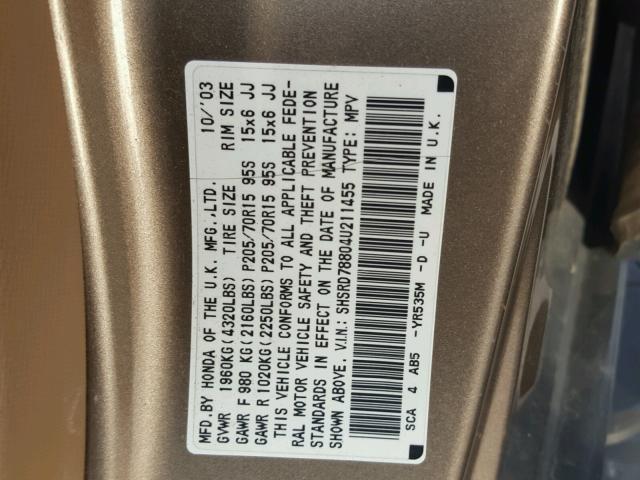 SHSRD78804U211455 - 2004 HONDA CR-V EX GOLD photo 10