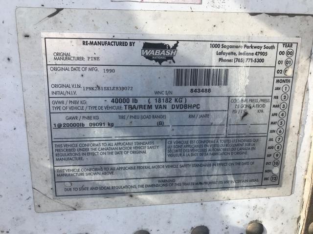 1PNK281SXLKB39072 - 1990 PINES TRAILER უცნობი - მიუღებელი მარაგისთვის ფოტო 10