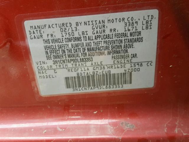 3N1CN7AP9DL883353 - 2013 NISSAN VERSA S RED photo 10