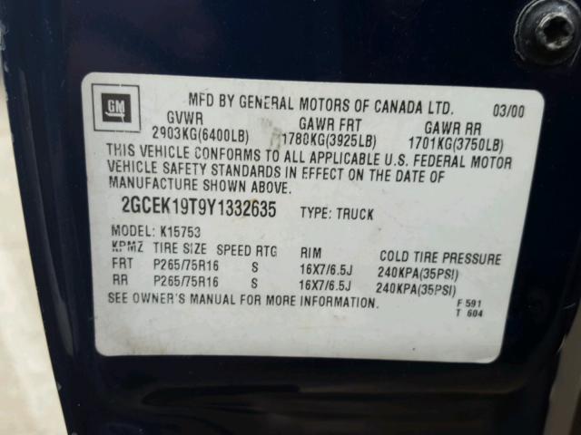 2GCEK19T9Y1332635 - 2000 CHEVROLET SILVERADO BLUE photo 10