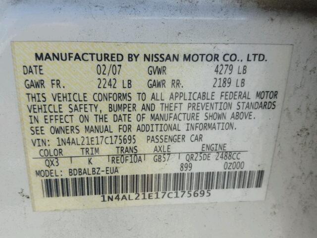 1N4AL21E17C175695 - 2007 NISSAN ALTIMA 2.5 WHITE photo 10