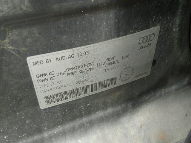 WAULC68EX4A169480 - 2004 AUDI A4 1.8T QU GRAY photo 10