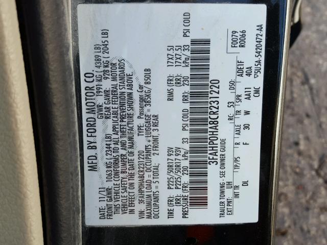 3FAHP0HA8CR231220 - 2012 FORD FUSION SE BLACK photo 10