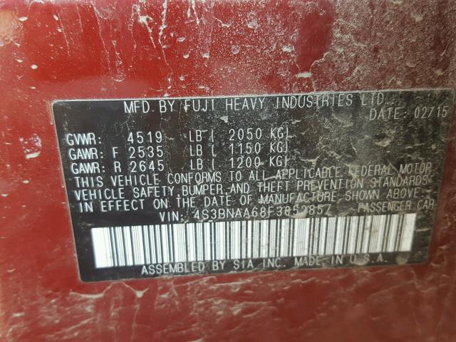 4S3BNAA68F3052857 - 2015 SUBARU LEGACY 2.5 RED photo 10