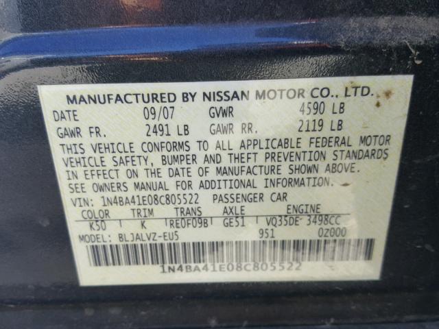 1N4BA41E08C805522 - 2008 NISSAN MAXIMA SE GRAY photo 10