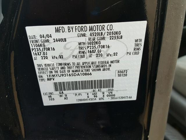 1FMYU93165DA10866 - 2005 FORD ESCAPE XLT BLACK photo 10