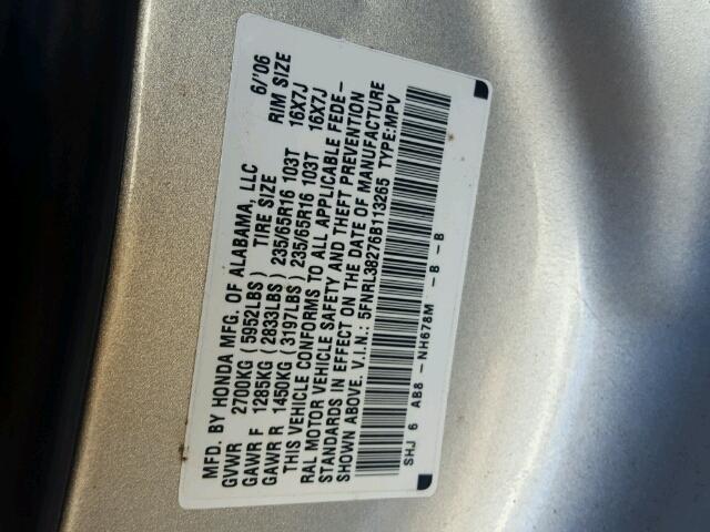 5FNRL38276B113265 - 2006 HONDA ODYSSEY LX SILVER photo 10