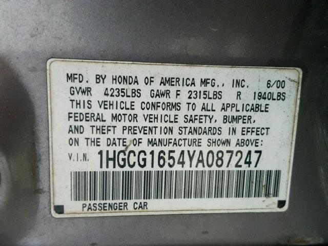 1HGCG1654YA087247 - 2000 HONDA ACCORD EX SILVER photo 10