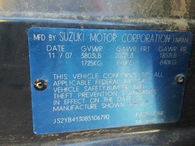 JS2YB413085106790 - 2008 SUZUKI SX4 BASE BLUE photo 10