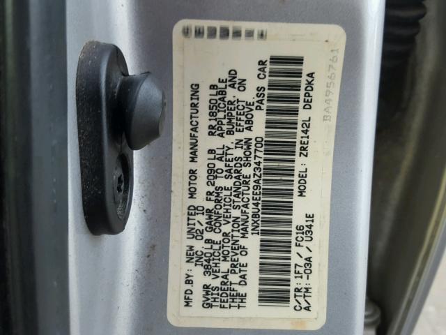 1NXBU4EE9AZ347700 - 2010 TOYOTA COROLLA BA SILVER photo 10