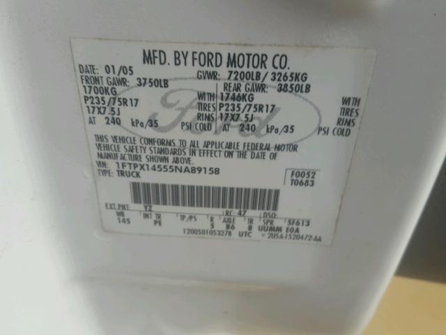 1FTPX14555NA89158 - 2005 FORD F150 WHITE photo 10