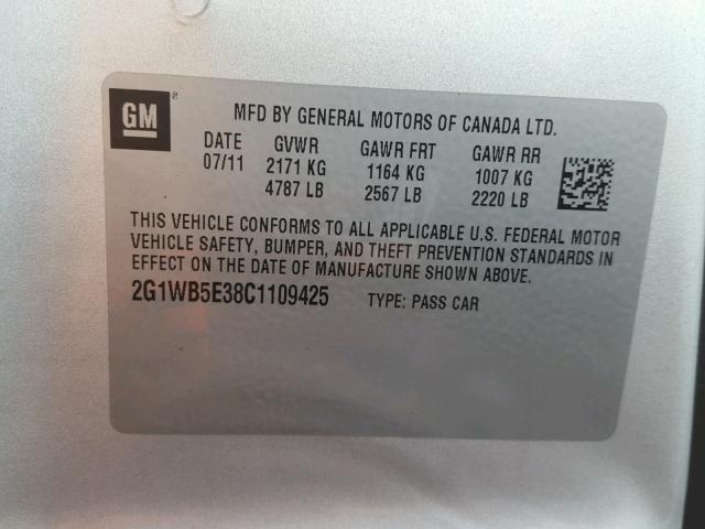 2G1WB5E38C1109425 - 2012 CHEVROLET IMPALA LT Արծաթագույն լուսանկար 10