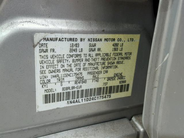 1N4AL11D24C175475 - 2004 NISSAN ALTIMA BAS GRAY photo 10