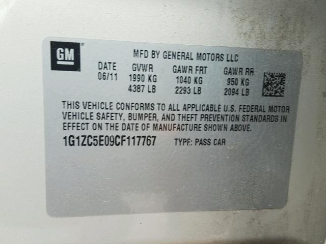 1G1ZC5E09CF117767 - 2012 CHEVROLET MALIBU 1LT GOLD photo 10