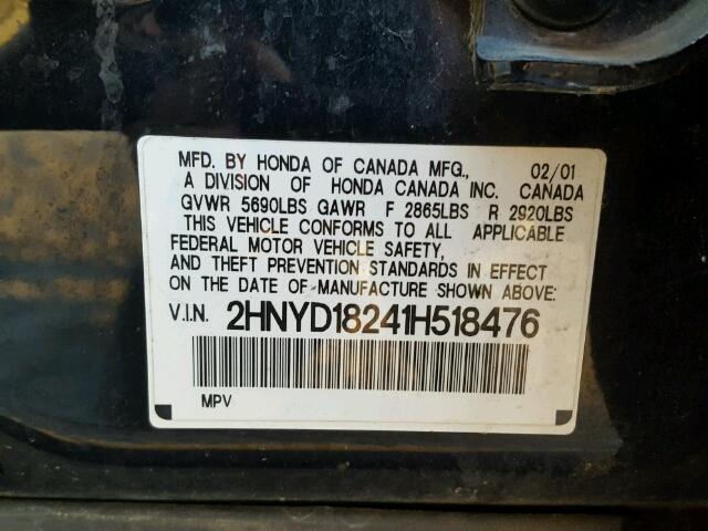 2HNYD18241H518476 - 2001 ACURA MDX BLACK photo 10