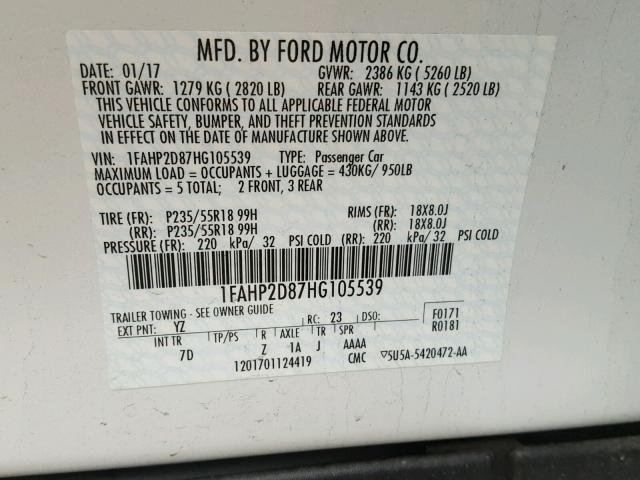 1FAHP2D87HG105539 - 2017 FORD TAURUS SE WHITE photo 10