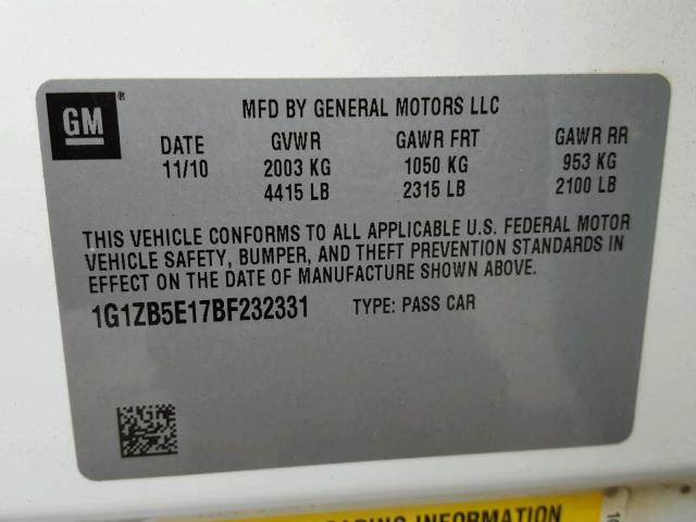 1G1ZB5E17BF232331 - 2011 CHEVROLET MALIBU LS თეთრი ფოტო 10